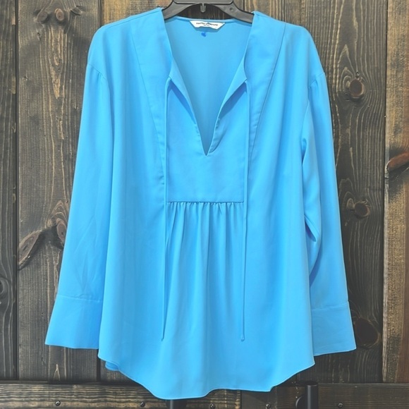 Amanda Uprichard Blouse L Blue Polyester Peasant Look Dressy Tie Front Relaxed - Picture 1 of 8